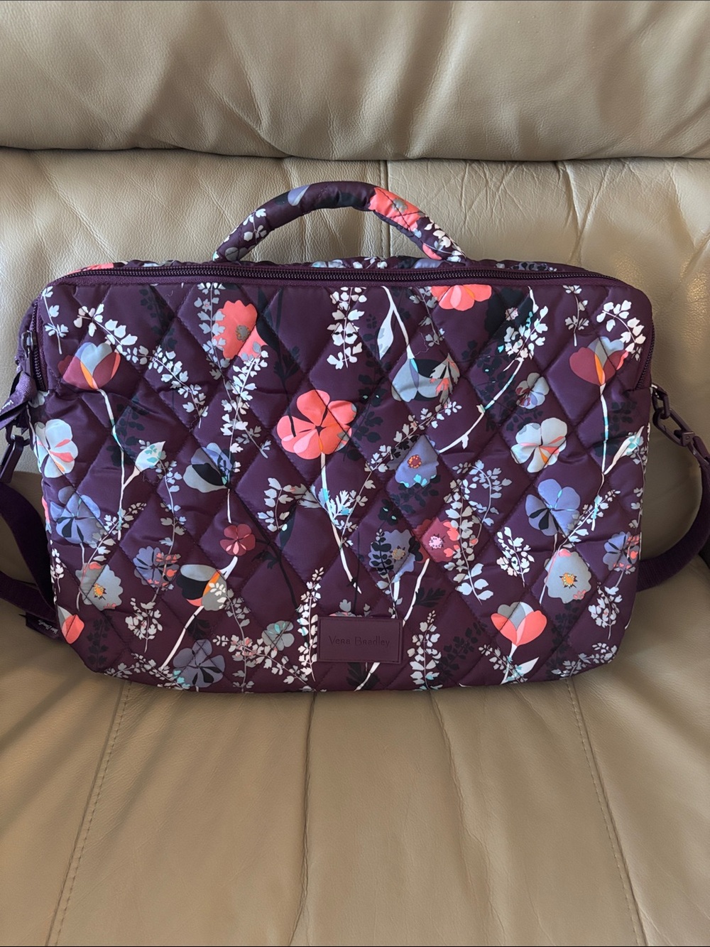 Vera Bradley Quilted Plum Floral Laptop Bag with Coral Accents